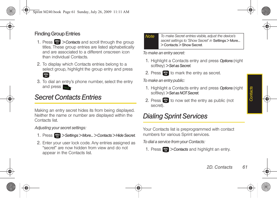 Secret contacts entries, Dialing sprint services | Samsung SPH-M240ZKASPR User Manual | Page 73 / 137