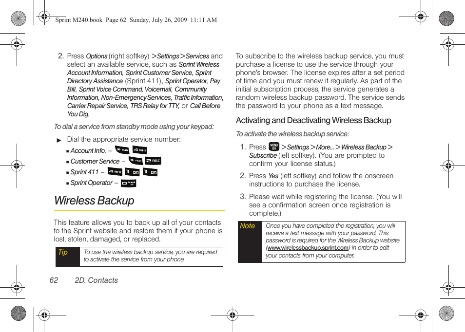 Wireless backup | Samsung SPH-M240ZKASPR User Manual | Page 74 / 137