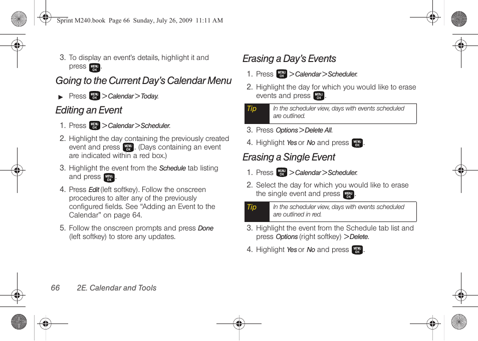 Going to the current day’s calendar menu, Editing an event, Erasing a day’s events | Erasing a single event | Samsung SPH-M240ZKASPR User Manual | Page 78 / 137