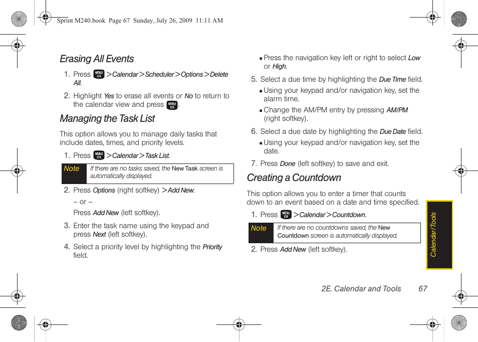 Erasing all events, Managing the task list, Creating a countdown | Samsung SPH-M240ZKASPR User Manual | Page 79 / 137