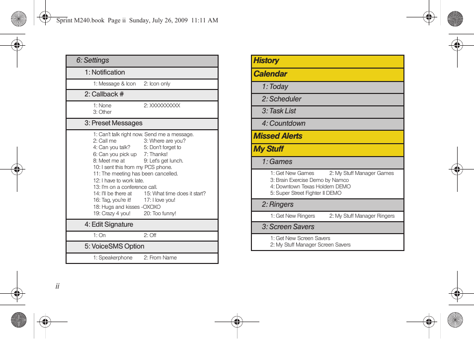 History calendar, Missed alerts my stuff | Samsung SPH-M240ZKASPR User Manual | Page 8 / 137