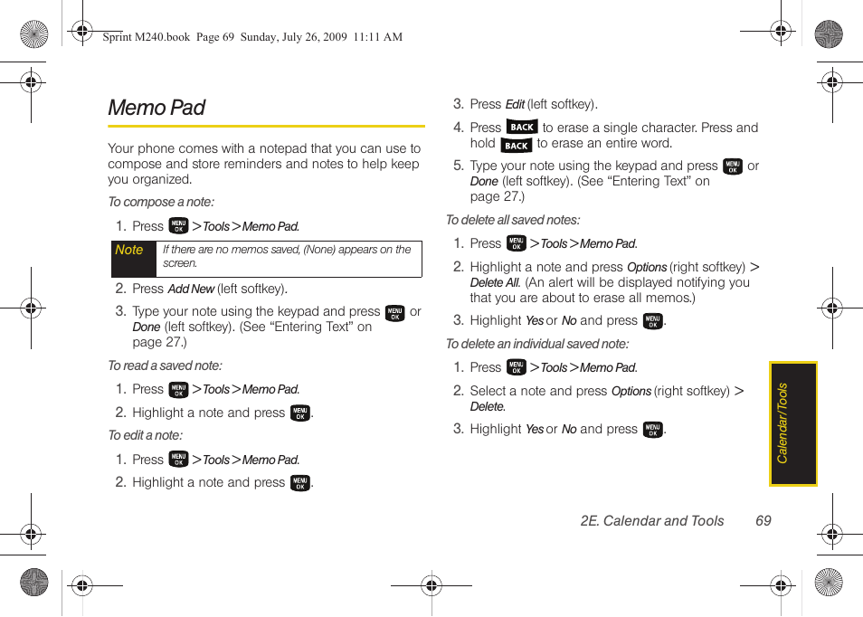 Memo pad | Samsung SPH-M240ZKASPR User Manual | Page 81 / 137