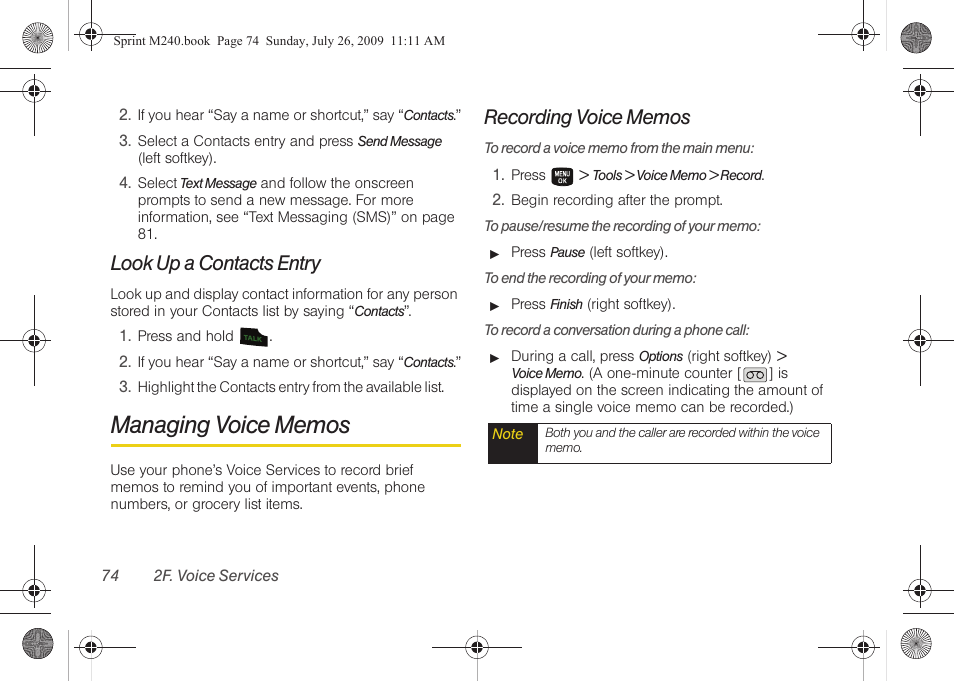 Look up a contacts entry, Managing voice memos, Recording voice memos | Samsung SPH-M240ZKASPR User Manual | Page 86 / 137