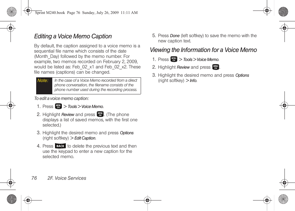 Editing a voice memo caption, Viewing the information for a voice memo | Samsung SPH-M240ZKASPR User Manual | Page 88 / 137