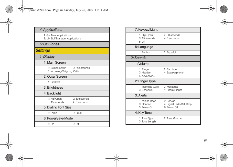 Settings | Samsung SPH-M240ZKASPR User Manual | Page 9 / 137