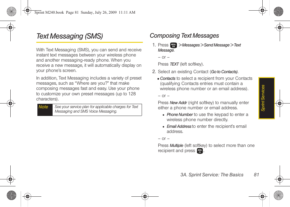 Text messaging (sms), Composing text messages | Samsung SPH-M240ZKASPR User Manual | Page 93 / 137