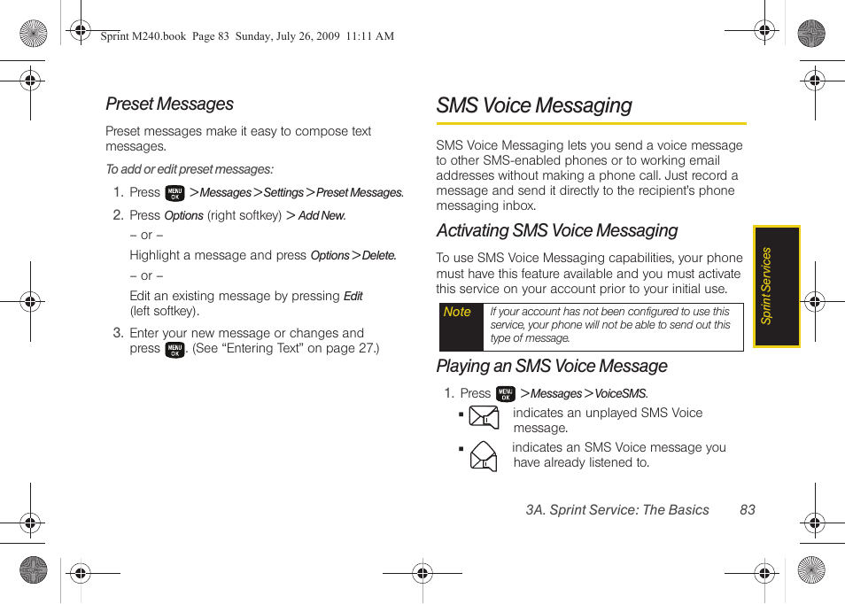 Preset messages, Sms voice messaging, Activating sms voice messaging | Playing an sms voice message | Samsung SPH-M240ZKASPR User Manual | Page 95 / 137