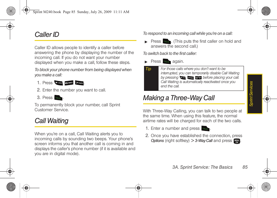 Caller id, Call waiting, Making a three-way call | Samsung SPH-M240ZKASPR User Manual | Page 97 / 137