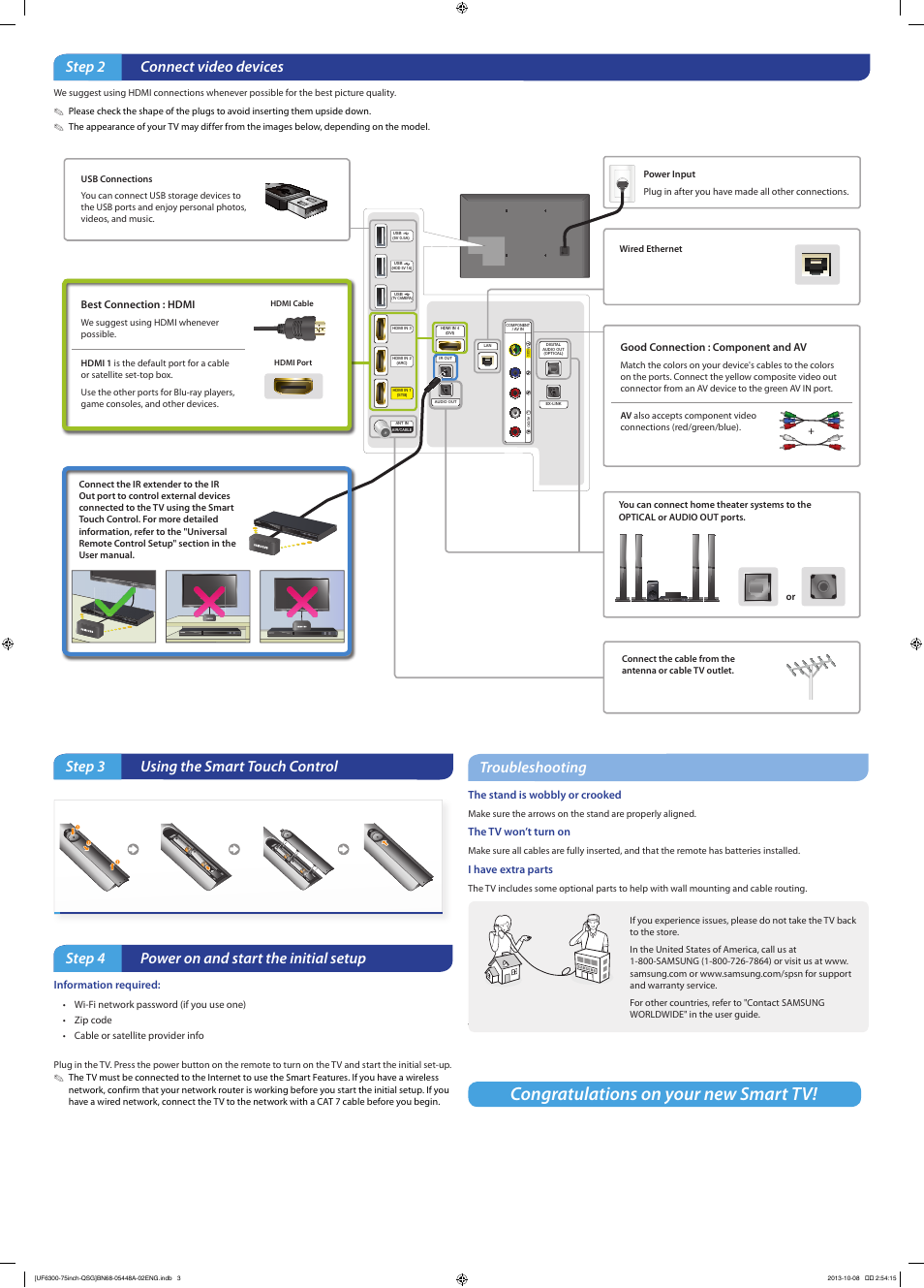 Step 2 connect video devices, Step 3 using the smart touch control, Troubleshooting | Step 4 power on and start the initial setup | Samsung UN75F6300AFXZA User Manual | Page 2 / 2
