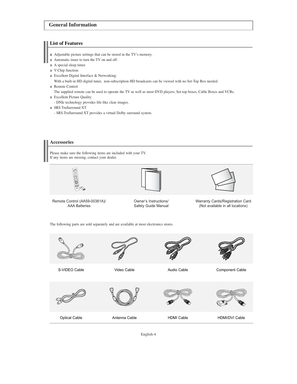 General information, List of features, Accessories | Samsung TXS3079WHX-XAA User Manual | Page 4 / 52