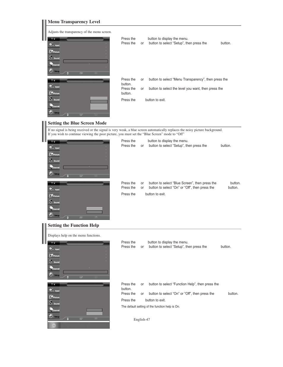 Menu transparency level, Setting the blue screen mode, Setting the function help | Samsung TXS3079WHX-XAA User Manual | Page 47 / 52