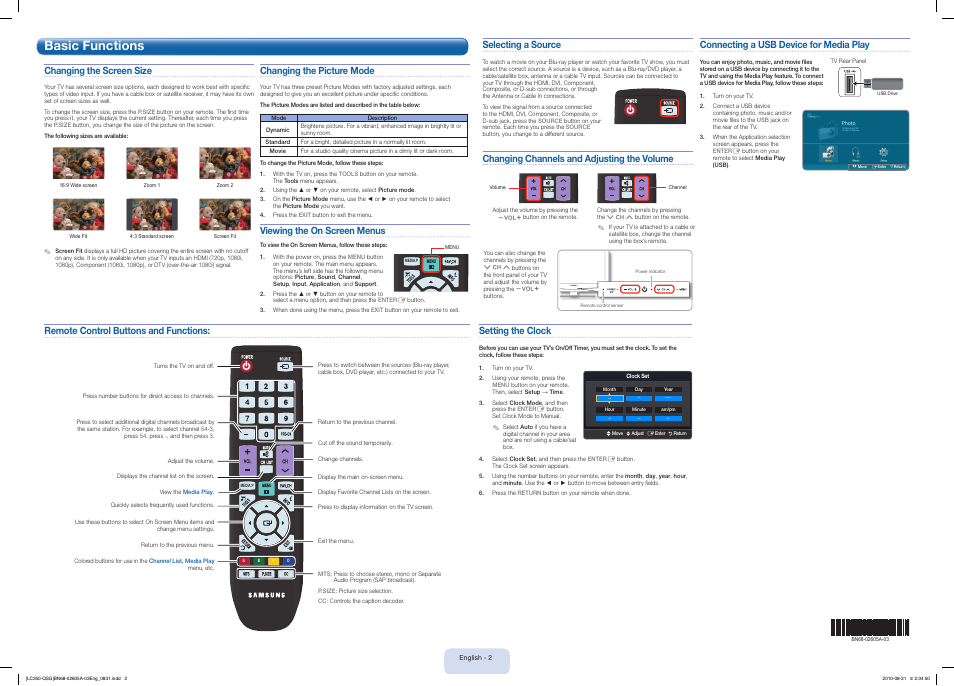 Basic functions, Setting the clock, Connecting a usb device for media play | Viewing the on screen menus, Changing the screen size, Selecting a source, Changing channels and adjusting the volume | Samsung LN19C350D1DXZA User Manual | Page 2 / 2