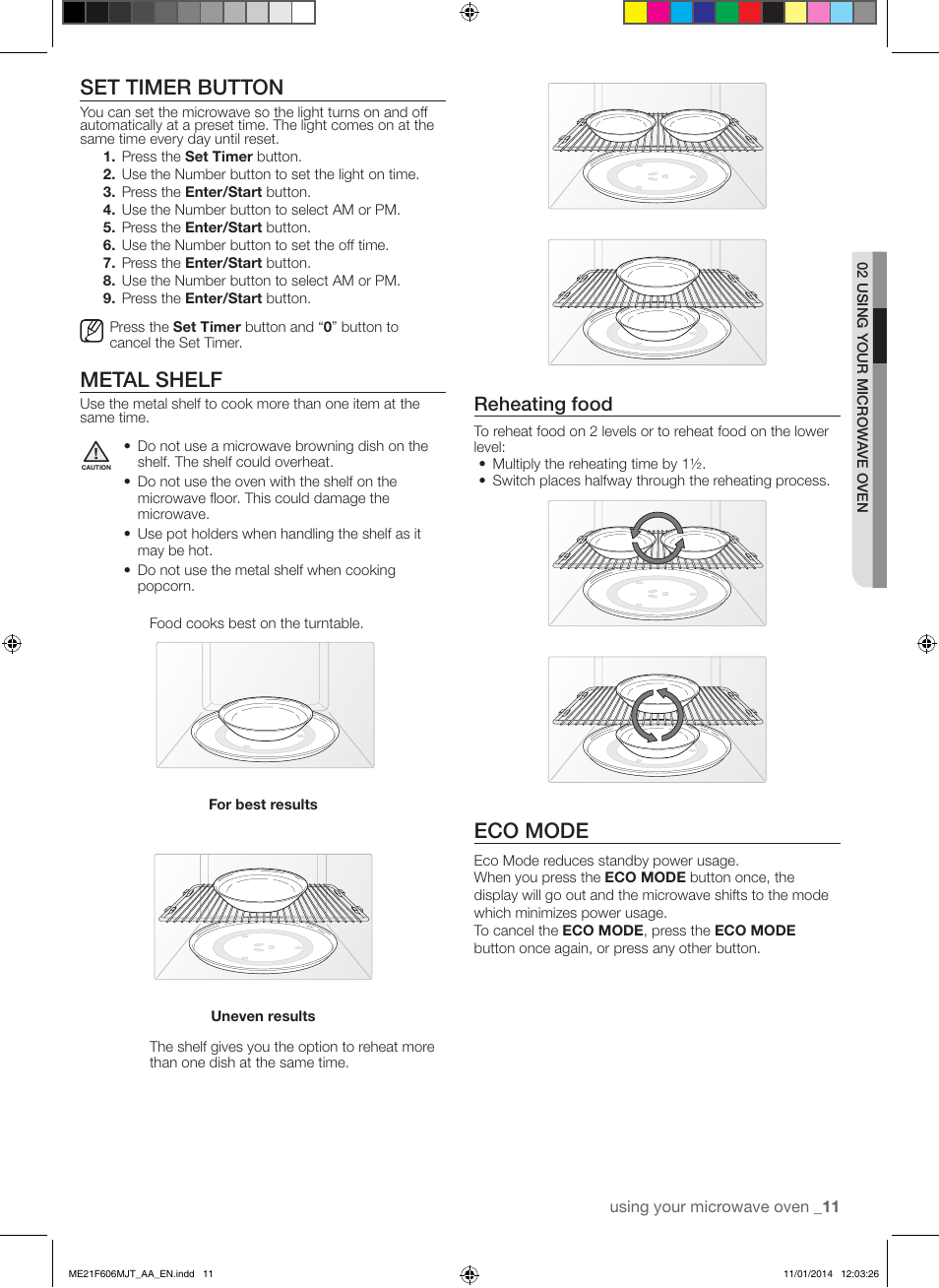 Set timer button, Metal shelf, Eco mode | Reheating food | Samsung ME21F606MJT-AC User Manual | Page 11 / 52