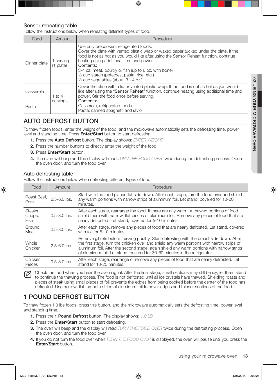 Auto defrost button, 1 pound defrost button, Sensor reheating table | Auto defrosting table | Samsung ME21F606MJT-AC User Manual | Page 13 / 52