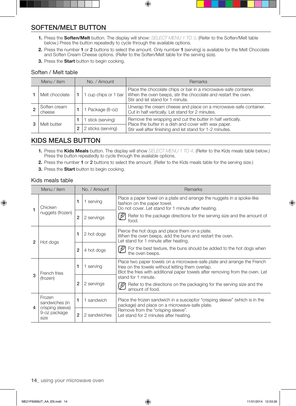 Soften/melt button, Kids meals button, Soften / melt table | Kids meals table | Samsung ME21F606MJT-AC User Manual | Page 14 / 52