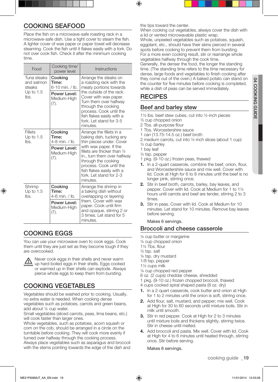 Cooking seafood, Cooking eggs, Cooking vegetables | Recipes, Beef and barley stew, Broccoli and cheese casserole | Samsung ME21F606MJT-AC User Manual | Page 19 / 52