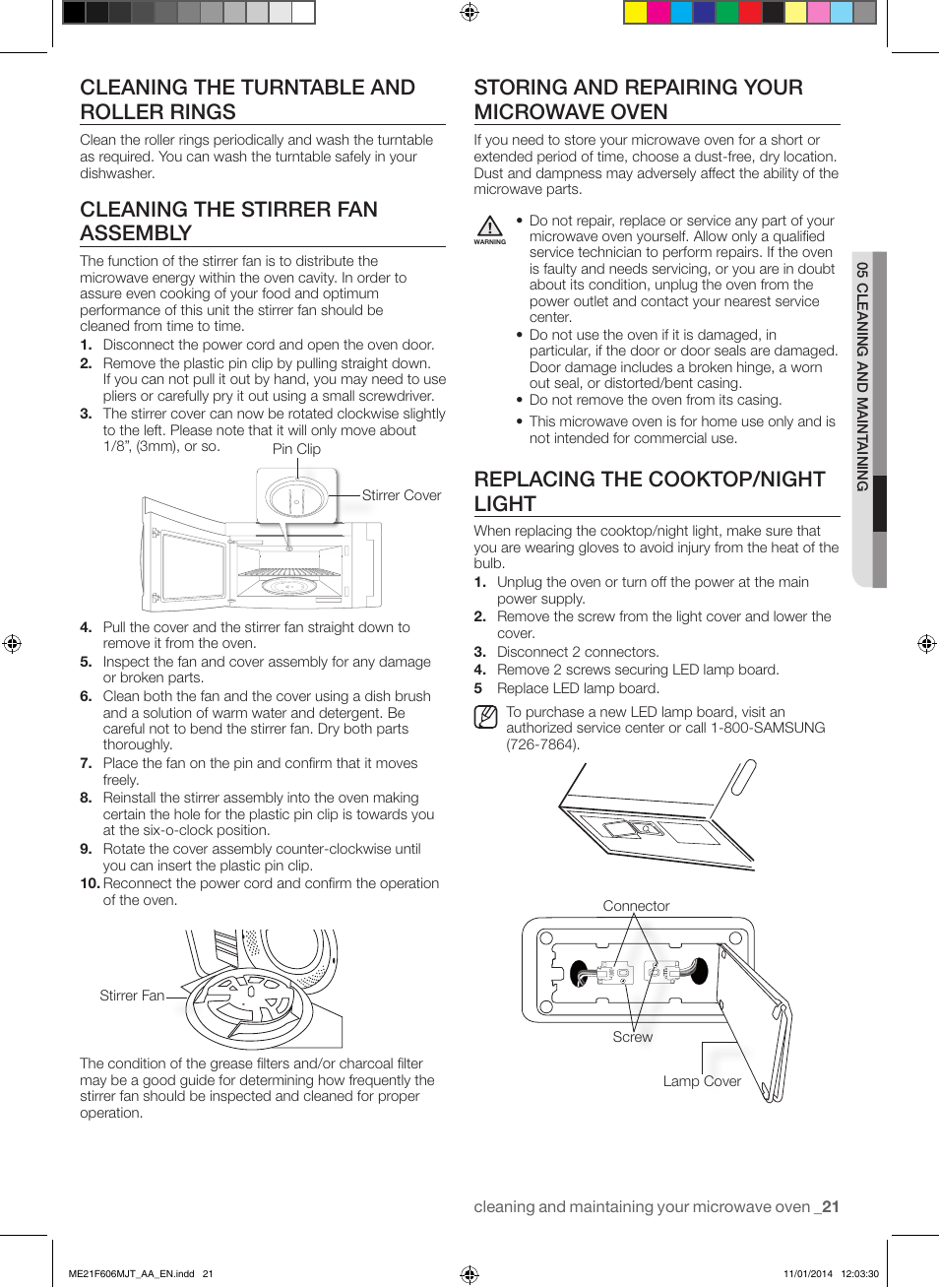 Cleaning the turntable and roller rings, Cleaning the stirrer fan assembly, Storing and repairing your microwave oven | Replacing the cooktop/night light | Samsung ME21F606MJT-AC User Manual | Page 21 / 52