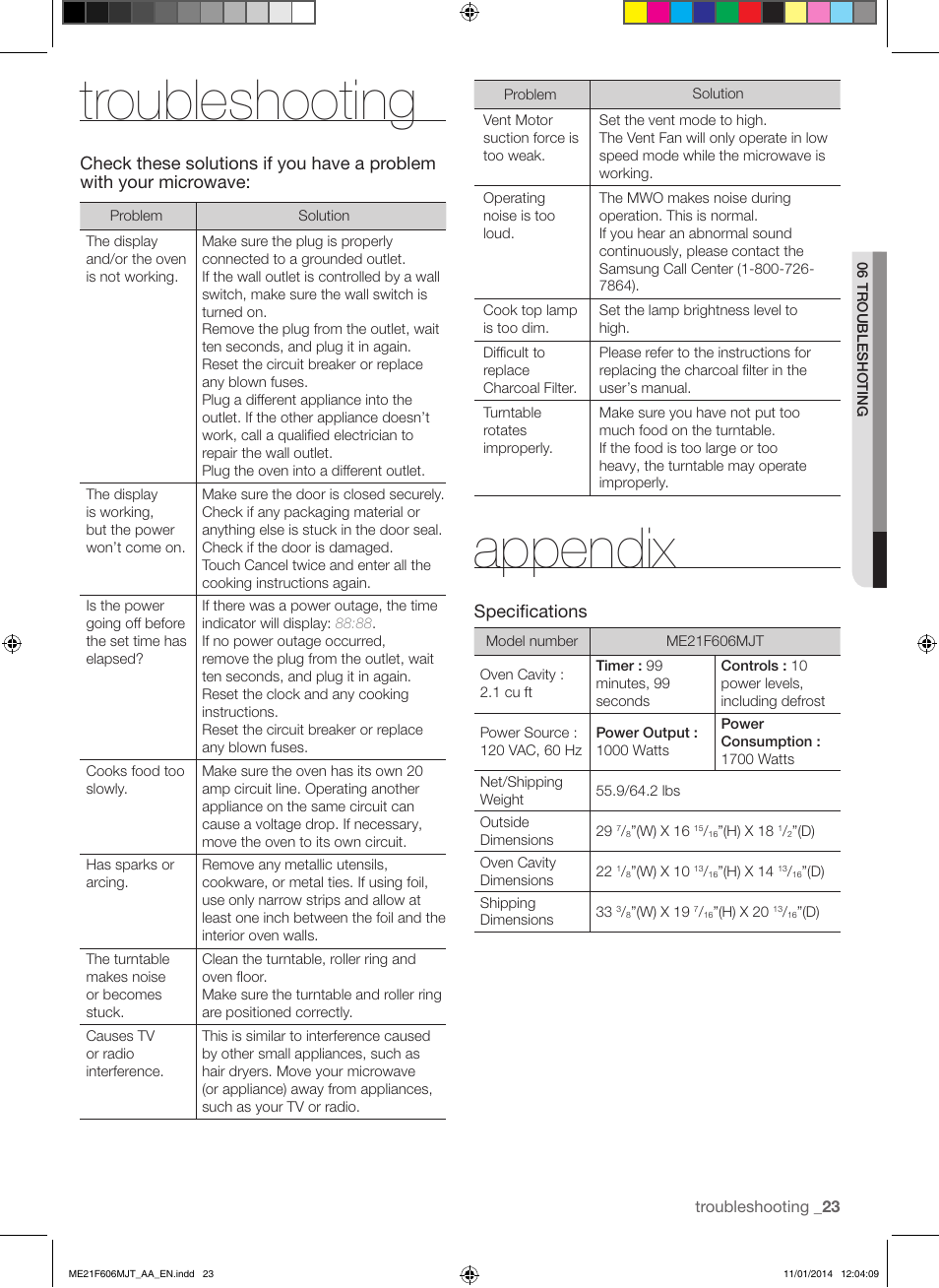 Troubleshooting, Appendix, Specifications | Samsung ME21F606MJT-AC User Manual | Page 23 / 52