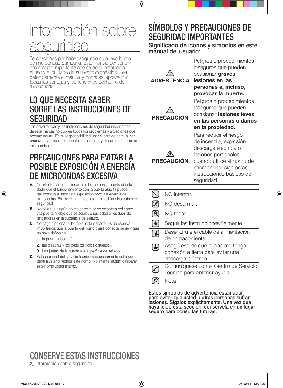 Información sobre seguridad, Conserve estas instrucciones, Símbolos y precauciones de seguridad importantes | Samsung ME21F606MJT-AC User Manual | Page 28 / 52