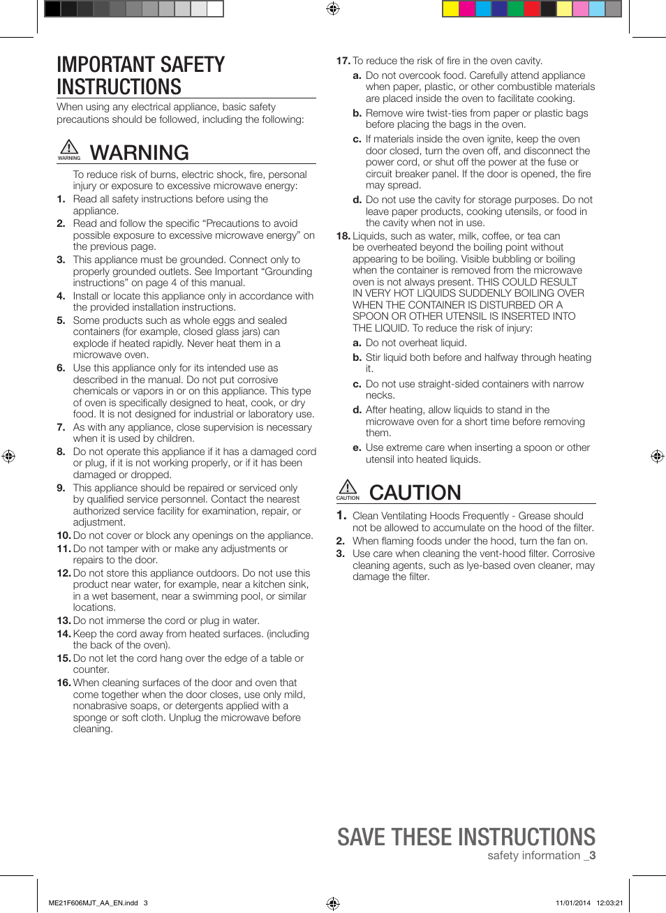 Save these instructions, Important safety instructions, Warning | Caution | Samsung ME21F606MJT-AC User Manual | Page 3 / 52
