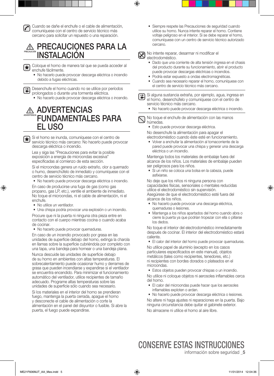 Conserve estas instrucciones, Precauciones para la instalación, Advertencias fundamentales para el uso | Samsung ME21F606MJT-AC User Manual | Page 31 / 52