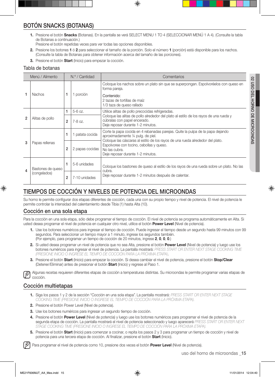 Botón snacks (botanas), Cocción en una sola etapa, Cocción multietapas | Tabla de botanas | Samsung ME21F606MJT-AC User Manual | Page 41 / 52