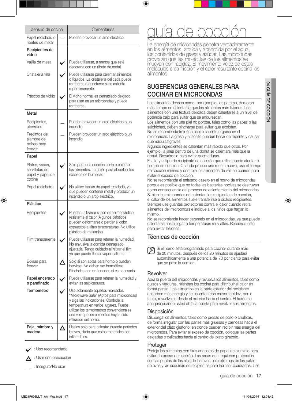 Guía de cocción, Sugerencias generales para cocinar en microondas, Técnicas de cocción | Samsung ME21F606MJT-AC User Manual | Page 43 / 52
