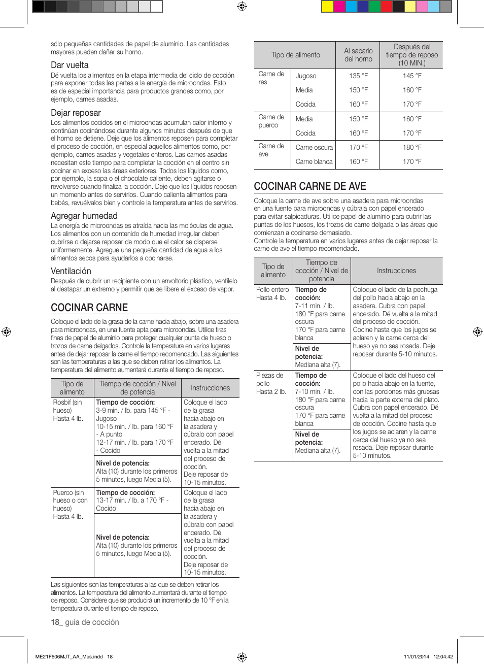 Cocinar carne de ave, Cocinar carne, Dar vuelta | Dejar reposar, Agregar humedad, Ventilación | Samsung ME21F606MJT-AC User Manual | Page 44 / 52