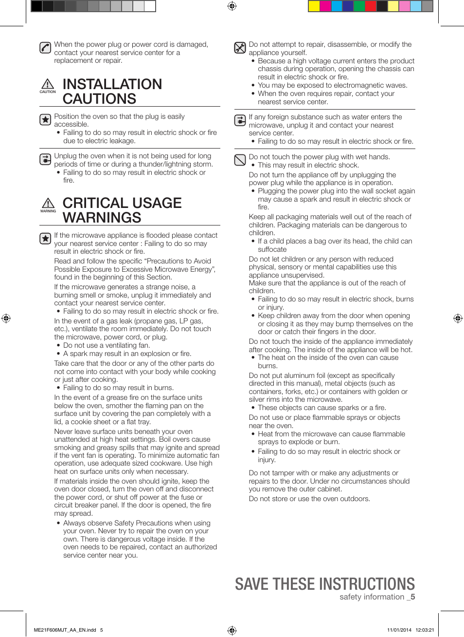Save these instructions, Installation cautions, Critical usage warnings | Samsung ME21F606MJT-AC User Manual | Page 5 / 52