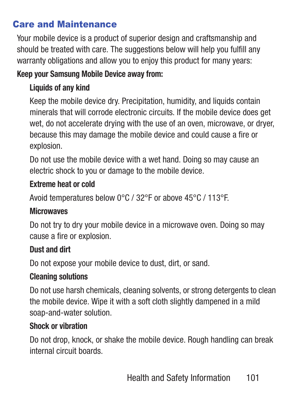 Care and maintenance | Samsung SCH-S380ZKATFN User Manual | Page 105 / 125