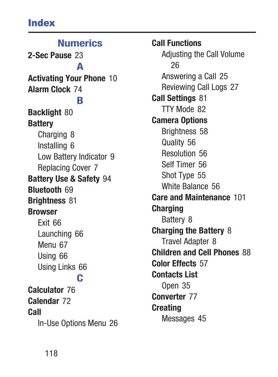 Index | Samsung SCH-S380ZKATFN User Manual | Page 122 / 125