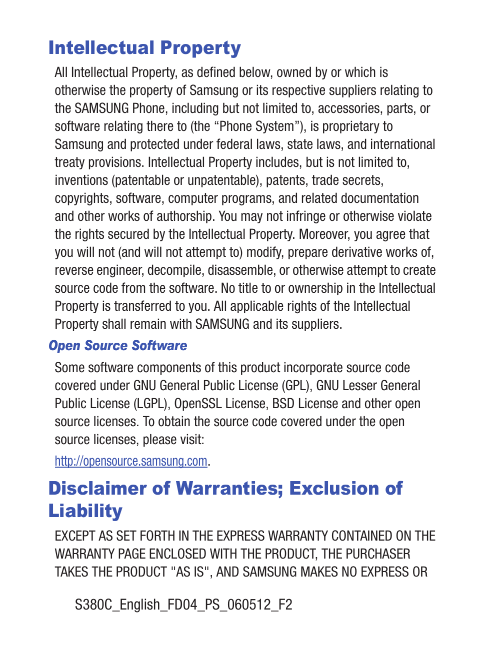 Intellectual property, Disclaimer of warranties; exclusion of liability | Samsung SCH-S380ZKATFN User Manual | Page 2 / 125