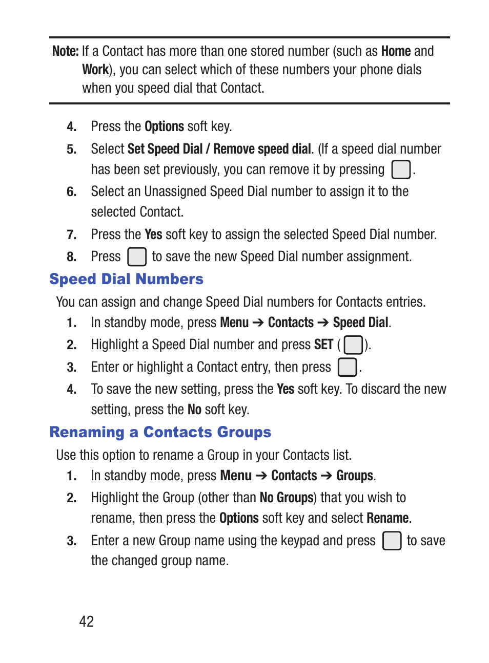 Speed dial numbers, Renaming a contacts groups, Speed dial numbers renaming a contacts groups | Samsung SCH-S380ZKATFN User Manual | Page 46 / 125