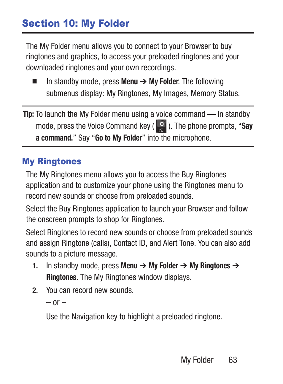 Section 10: my folder, My ringtones | Samsung SCH-S380ZKATFN User Manual | Page 67 / 125