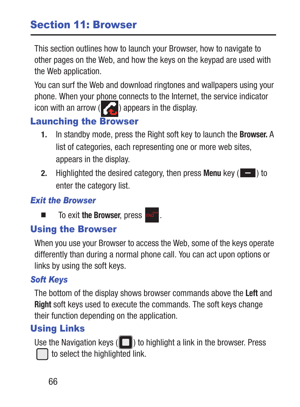 Section 11: browser, Launching the browser, Using the browser | Using links, Using the browser using links | Samsung SCH-S380ZKATFN User Manual | Page 70 / 125