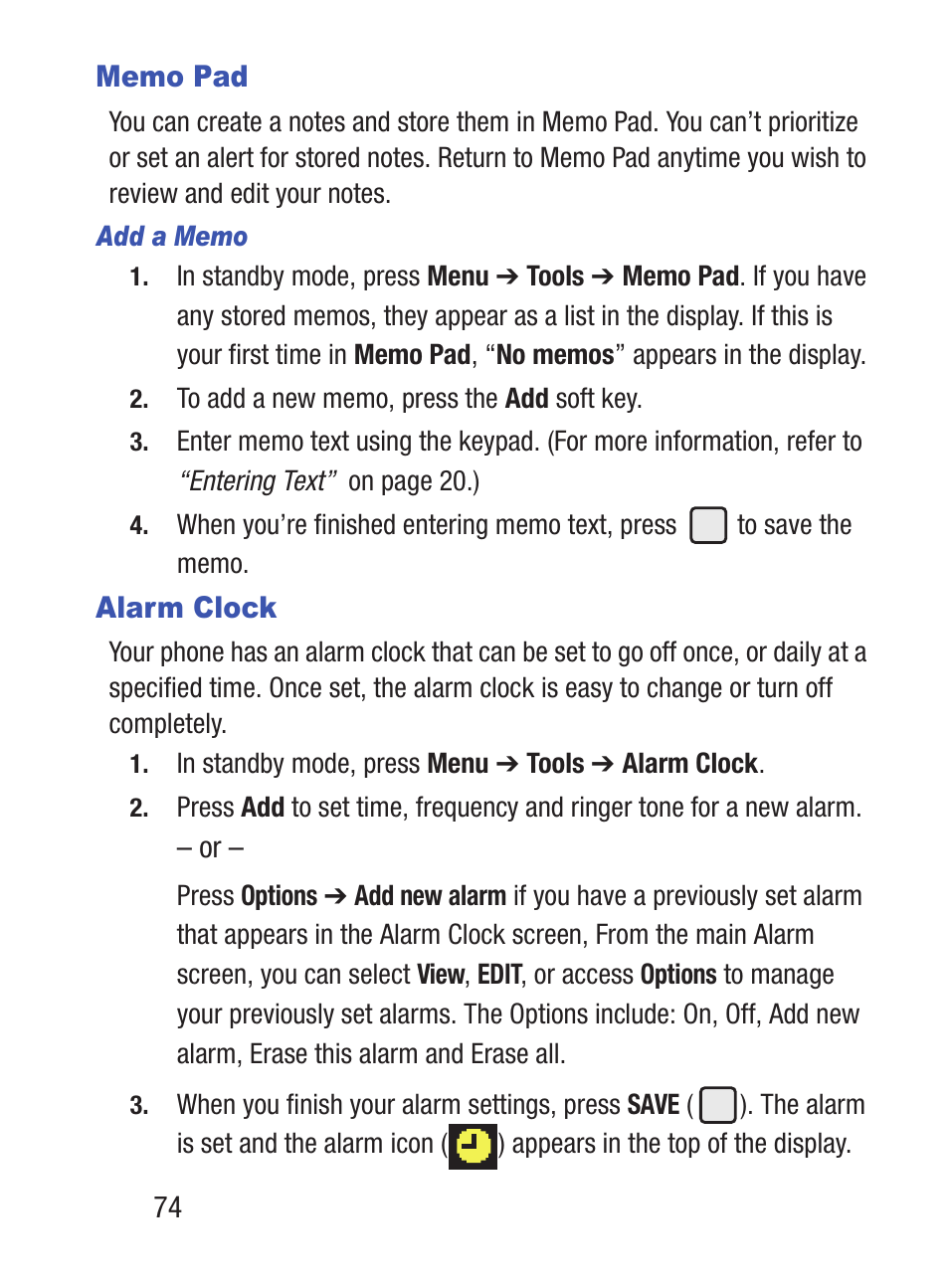 Memo pad, Alarm clock, Memo pad alarm clock | Samsung SCH-S380ZKATFN User Manual | Page 78 / 125