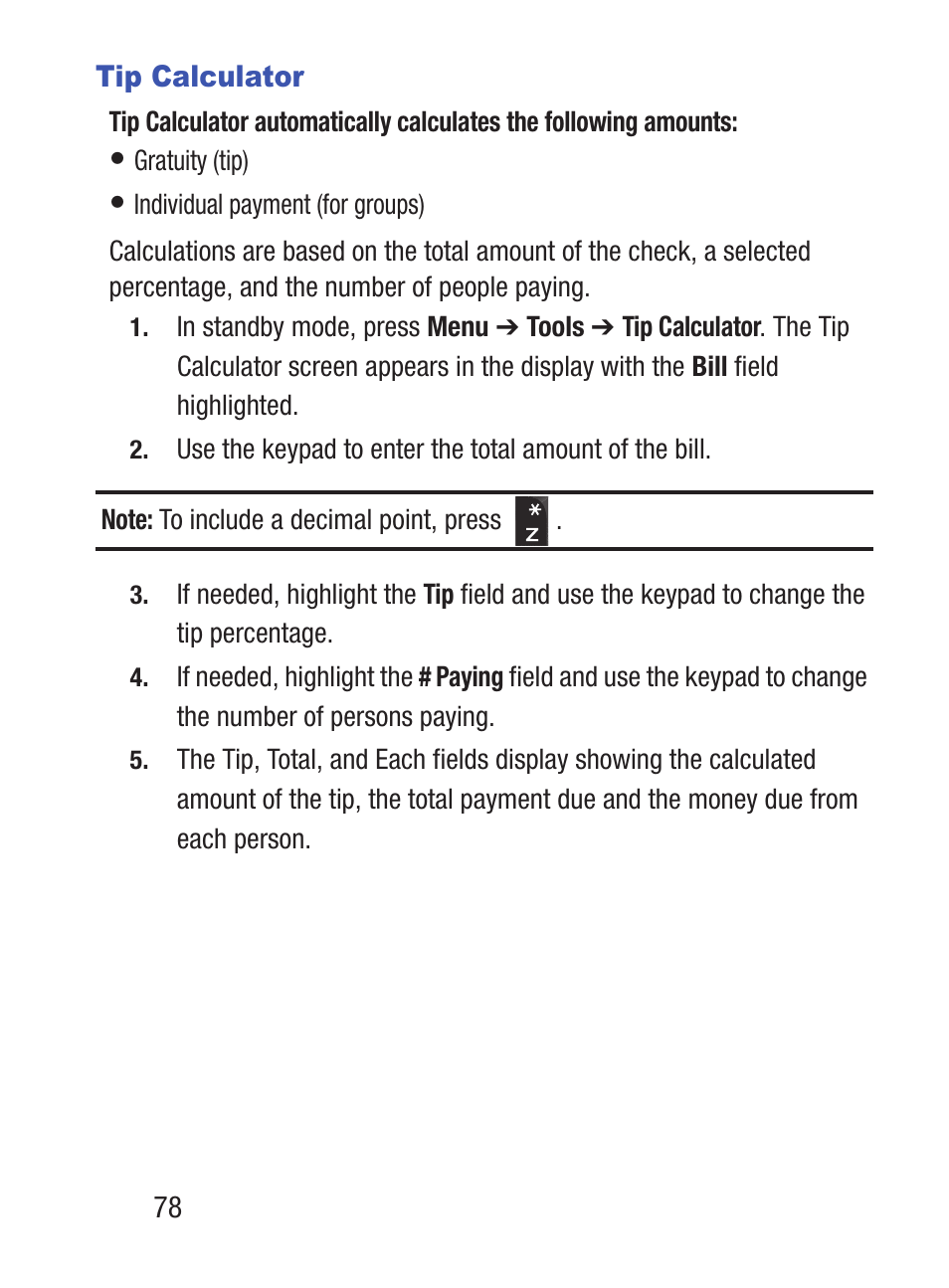 Tip calculator | Samsung SCH-S380ZKATFN User Manual | Page 82 / 125