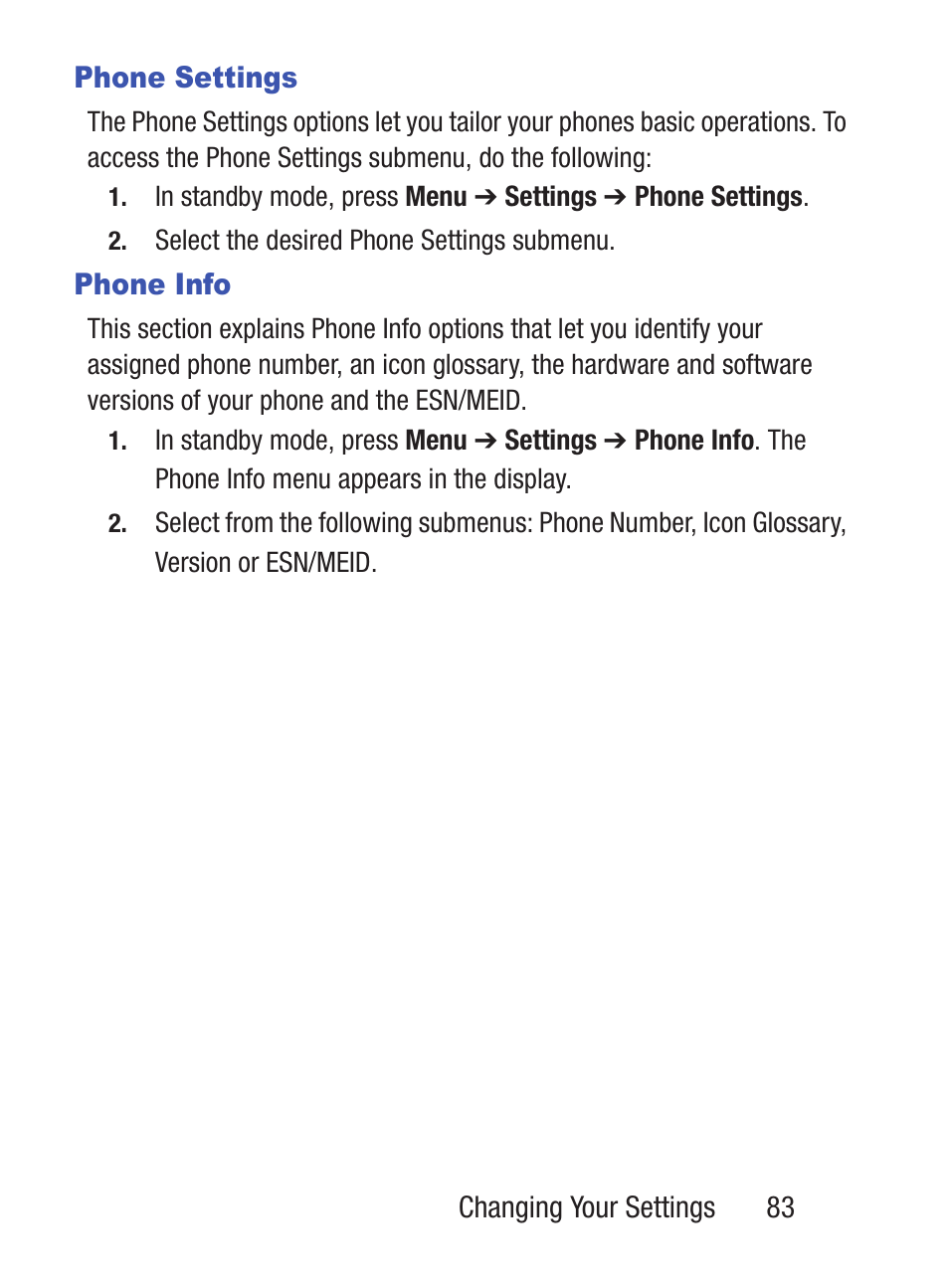 Phone settings, Phone info, Phone settings phone info | Samsung SCH-S380ZKATFN User Manual | Page 87 / 125