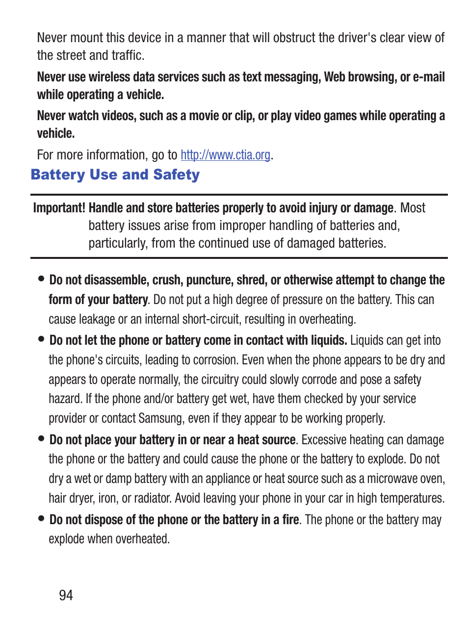 Battery use and safety | Samsung SCH-S380ZKATFN User Manual | Page 98 / 125