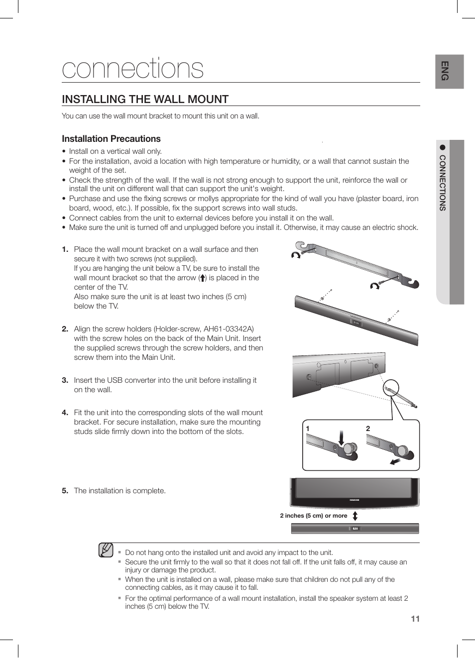 Connections, Installing the wall mount | Samsung HW-F355-ZA User Manual | Page 11 / 24
