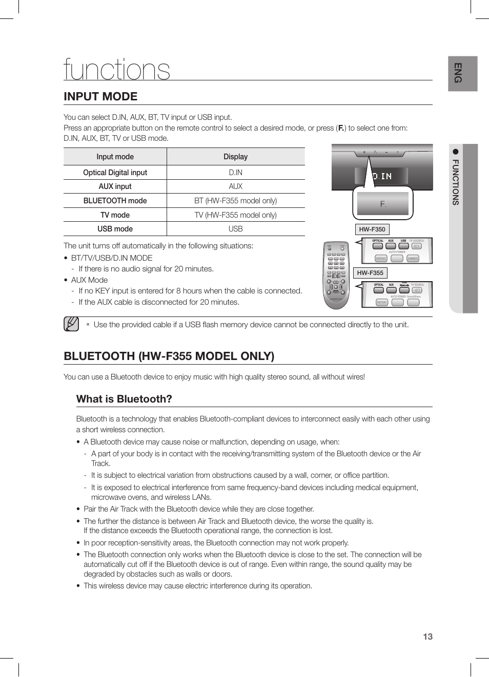 Functions, Input mode, Bluetooth (hw-f355 model only ) | Bluetooth (hw-f355 model only), What is bluetooth, Tv power | Samsung HW-F355-ZA User Manual | Page 13 / 24
