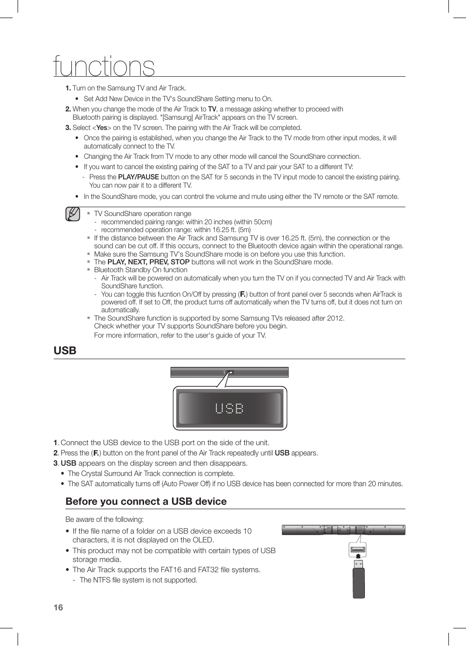 Functions, Before you connect a usb device | Samsung HW-F355-ZA User Manual | Page 16 / 24