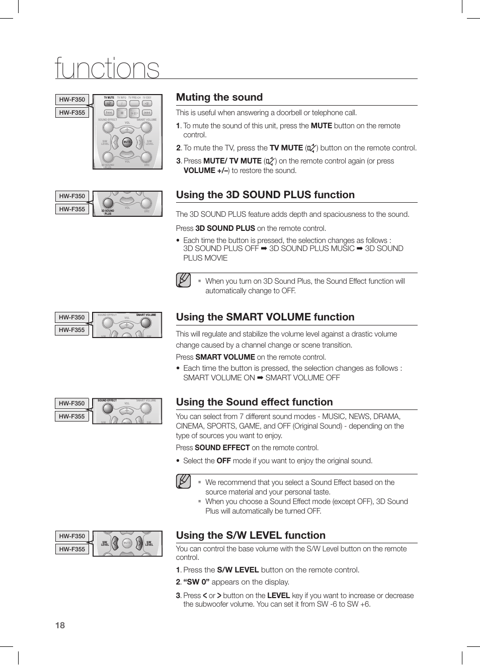 Functions, Muting the sound, Using the 3d sound plus function | Using the smart volume function, Using the sound effect function, Using the s/w level function, Hw-f350, Hw-f355 | Samsung HW-F355-ZA User Manual | Page 18 / 24