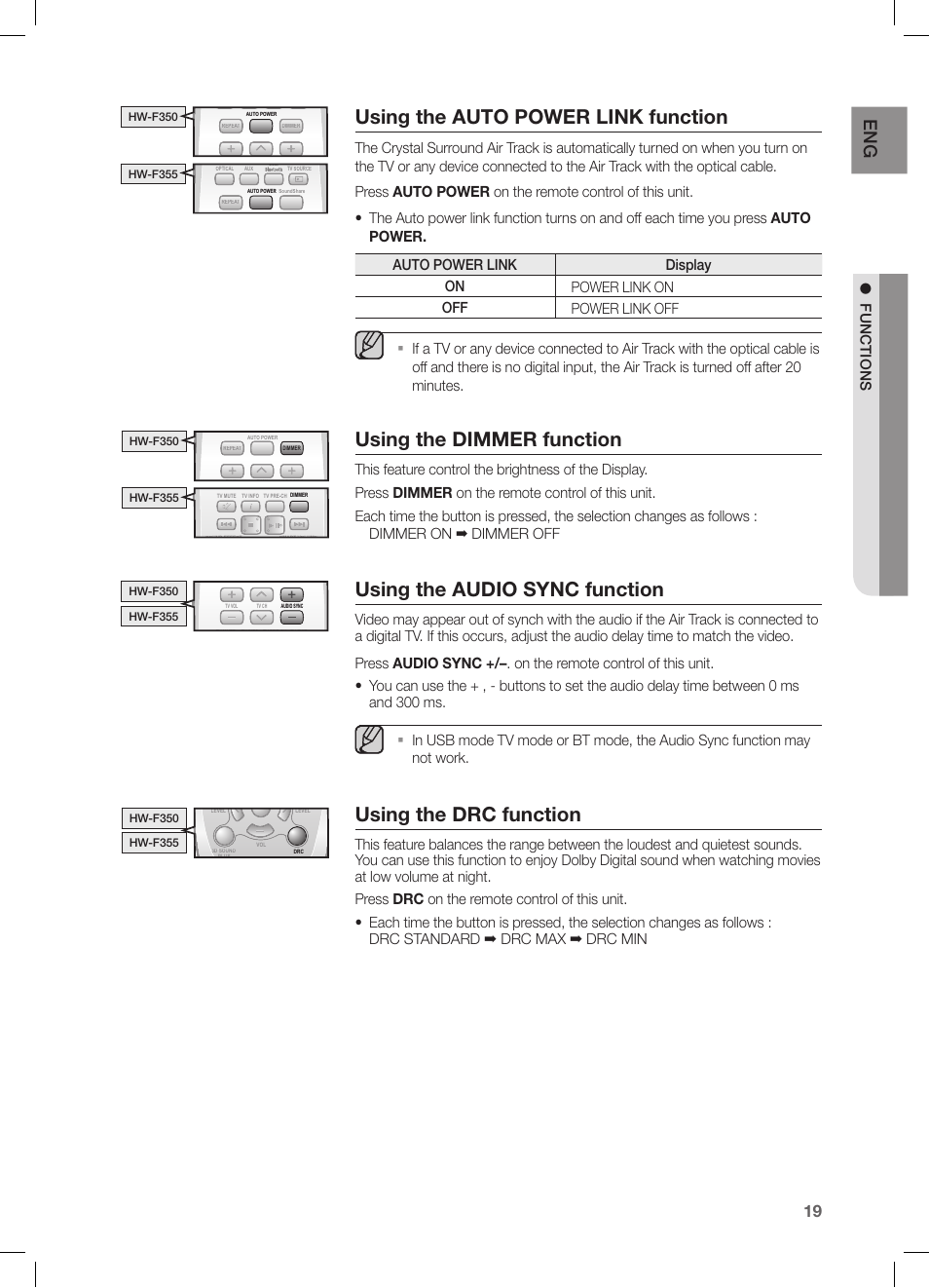 Using the auto power link function, Using the dimmer function, Using the audio sync function | Using the drc function, Functions, Hw-f350, Hw-f355 | Samsung HW-F355-ZA User Manual | Page 19 / 24