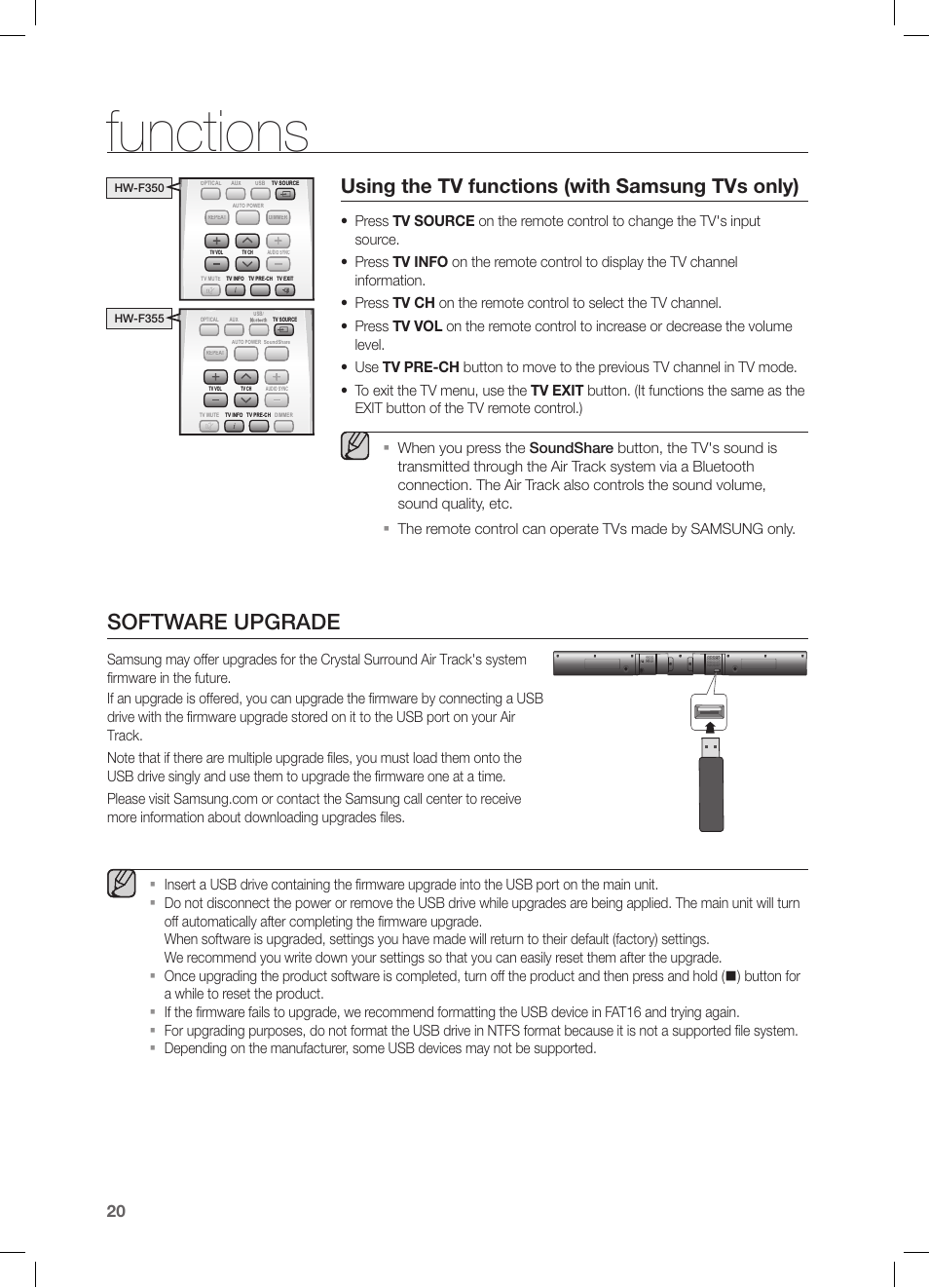 Software upgrade, Functions, Using the tv functions (with samsung tvs only) | Samsung HW-F355-ZA User Manual | Page 20 / 24