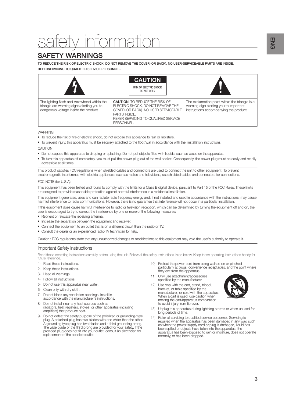 Safety information, Safety warnings, Caution | Samsung HW-F355-ZA User Manual | Page 3 / 24