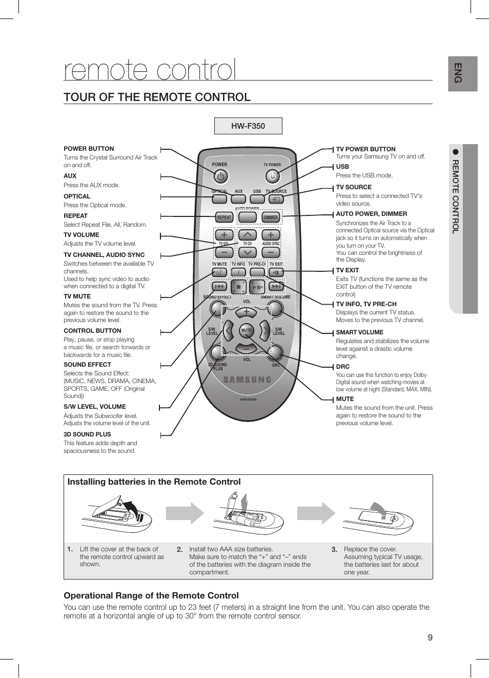Remote control, Tour of the remote control, Installing batteries in the remote control | Operational range of the remote control | Samsung HW-F355-ZA User Manual | Page 9 / 24