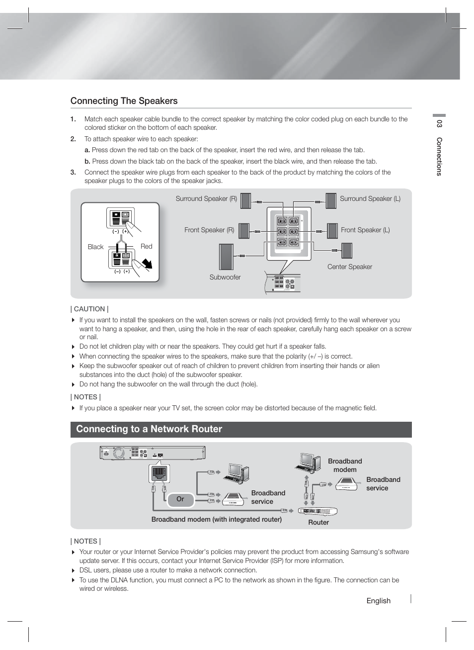 Connecting to a network router, Connecting the speakers | Samsung HT-F4500-ZA User Manual | Page 13 / 39