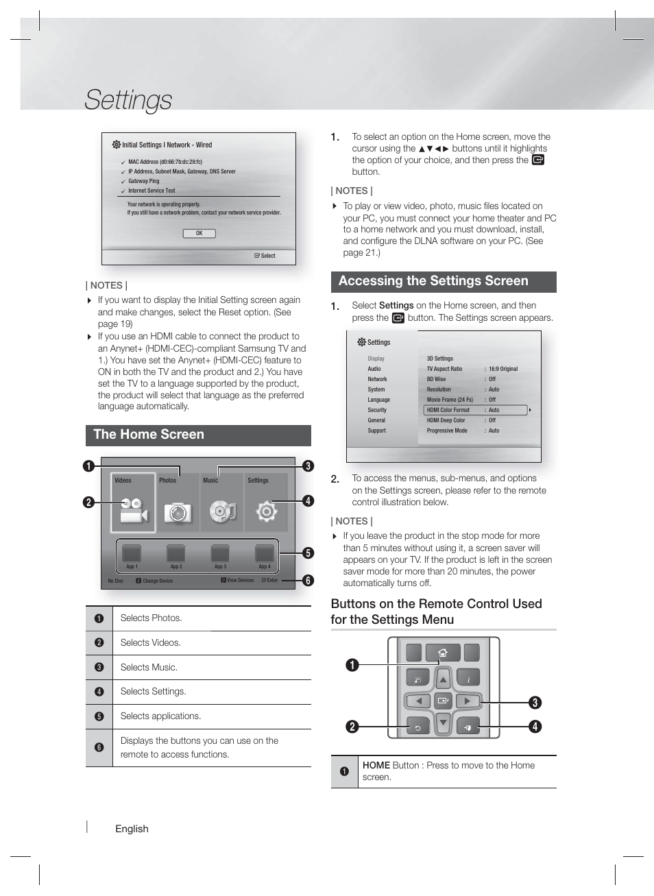 Settings, The home screen, Accessing the settings screen | Samsung HT-F4500-ZA User Manual | Page 16 / 39