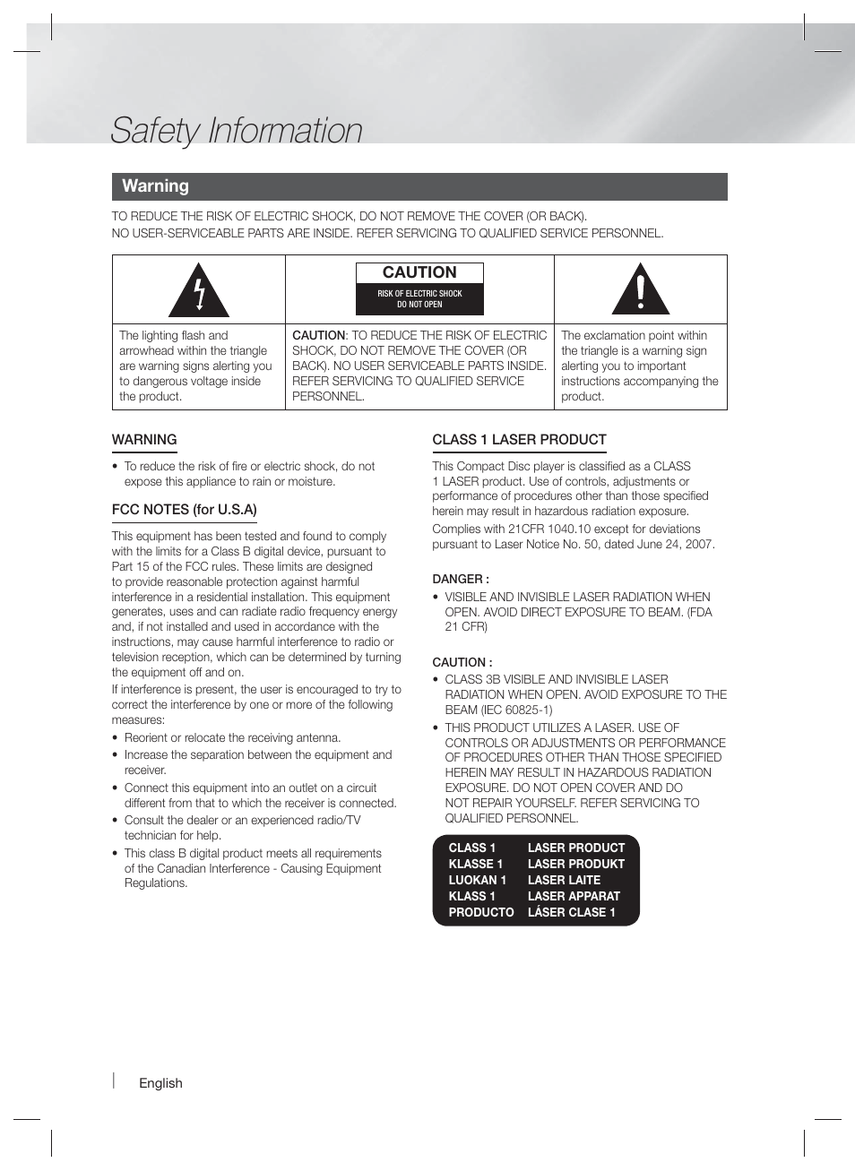 Safety information, Warning | Samsung HT-F4500-ZA User Manual | Page 2 / 39